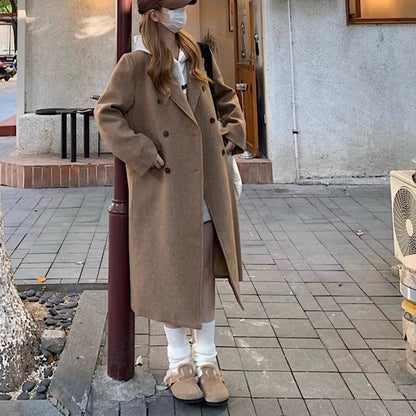 ブラウン ロングコート レディース 韓国 ファッション シンプル ダブルボタン カジュアル 冬コート