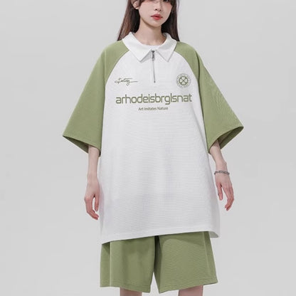 ハーフジップ ポロ セットアップ  レディース ジャージ 夏 韓国 ファッション ハーフパンツ ラグラン袖 カラーブロック ロゴ オーバーサイズ 上下セット