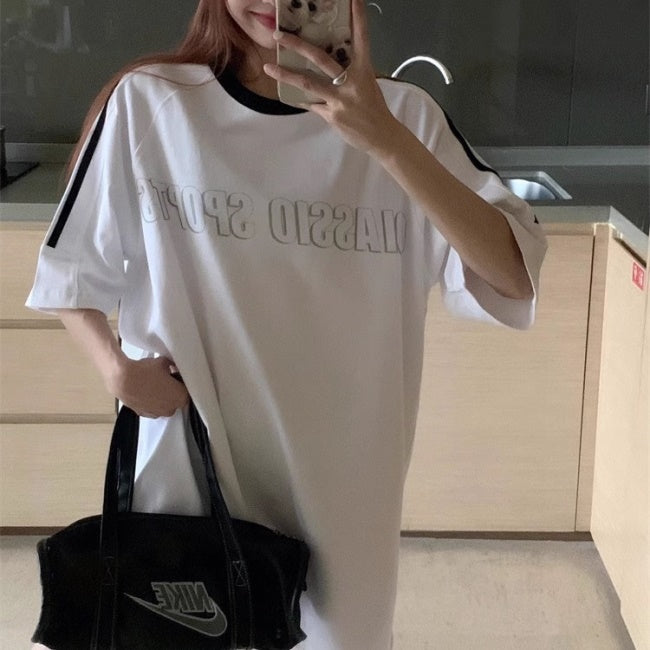 グラフィック ライン リンガーＴシャツ レディース 韓国 ファッション モノトーン 白Tシャツ ロング丈 オーバーサイズ ビッグＴ