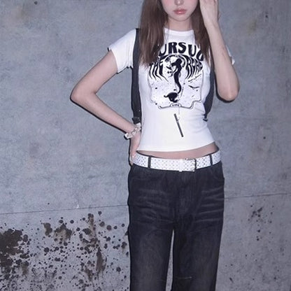 グラフィック Tシャツ レディース 韓国 ファッション クロップド タイトフィット チビT プリント T