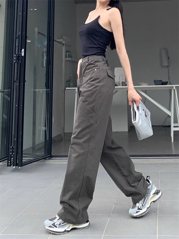 カーゴ ワークパンツ レディース 韓国 ファッション サイドポケット ミリタリー ストレート パンツ
