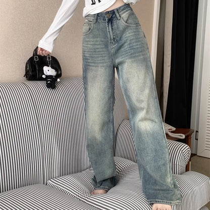 デニムパンツ レディース 韓国 ファッション ユーズド加工 ワイドシルエット ポケット刺繍 ジーンズ