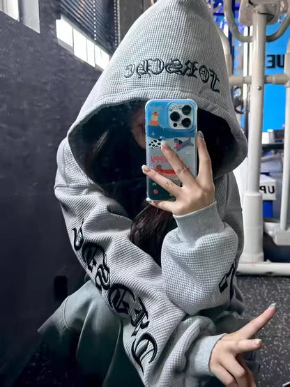 ワッフル ジップパーカー 韓国 ファッション レディース フードロゴ オーバーサイズ パーカー