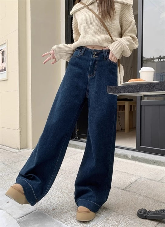 冬 裏生地 デニムパンツ レディース 韓国 ファッション ハイウエスト きれいめジーンズ インディゴデニム ワイドパンツ