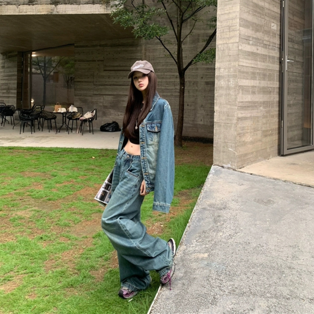 ヴィンテージ加工 デニム セットアップ レディース レトロ ウォッシュ加工 ゆったりジャケット ＆ ストレート デニムパンツ 2点セット