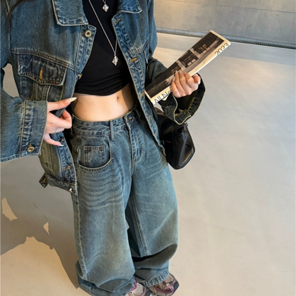 ヴィンテージ加工 デニム セットアップ レディース レトロ ウォッシュ加工 ゆったりジャケット ＆ ストレート デニムパンツ 2点セット