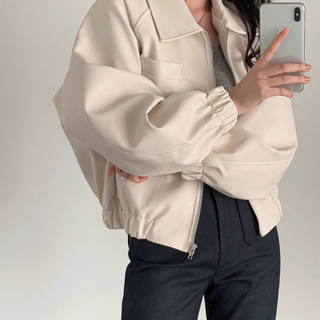 エコレザージャケット レディース 韓国 ファッション オーバーサイズ 無地 合皮 フェイクレザー ジップブルゾン