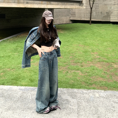 ヴィンテージ加工 デニム セットアップ レディース レトロ ウォッシュ加工 ゆったりジャケット ＆ ストレート デニムパンツ 2点セット
