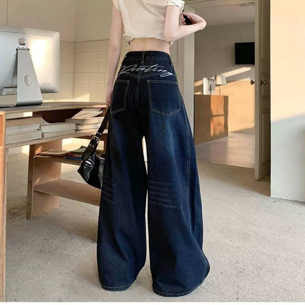 バック ロゴ ワイド フレア デニムパンツ レディース 韓国 ファッション ストリート フレアデニム