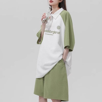 ハーフジップ ポロ セットアップ  レディース ジャージ 夏 韓国 ファッション ハーフパンツ ラグラン袖 カラーブロック ロゴ オーバーサイズ 上下セット