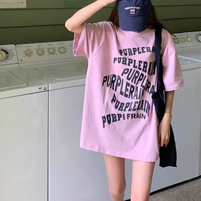 グラフィック Tシャツ レディース 韓国 ファッション メッセージ ロゴ プリント ピンク ビッグシルエット オーバーサイズ 夏 トップス