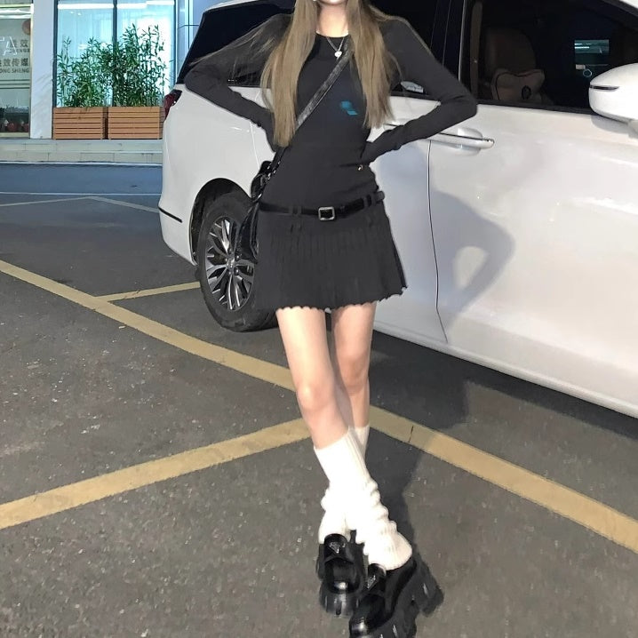 ニット ミニワンピース レディース 韓国 ファッション ベルト付 レイヤード 襟付き フレア ミニワンピ