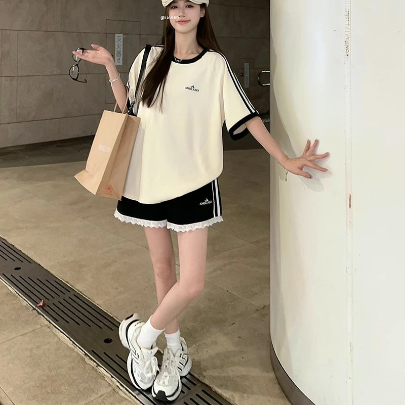 セットアップ レディース Ｔシャツ ハーフパンツ 上下セット 韓国 ファッション ロゴ オーバーサイズ ラインTシャツ ライン ショートパンツ 上下セット