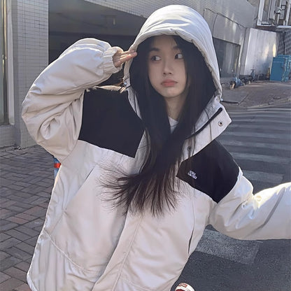 中綿 マウンテンパーカー レディース 韓国 ファッション ロゴ ナイロンジャケット バイカラー ロゴ アウター