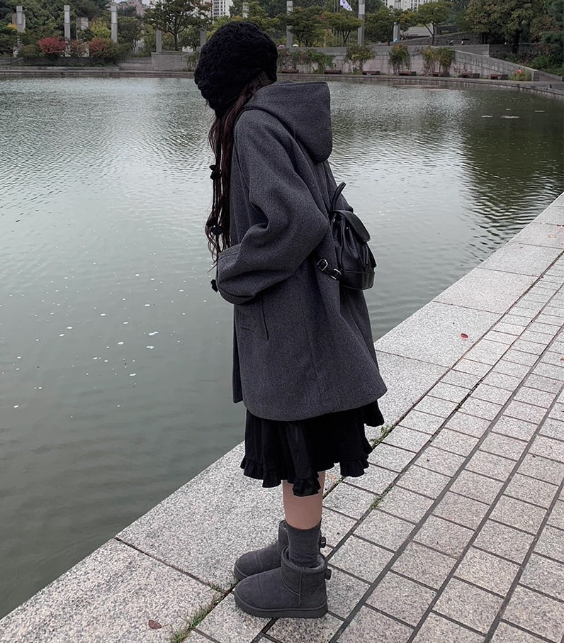 レトロ フード ミドルコート シングルボタン 無地 フード付きウールコート レディース 2025冬 新作 ミドル丈