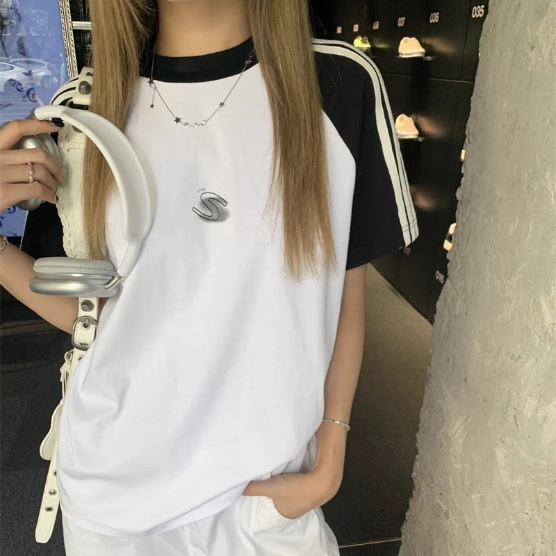 ライン ラグラン Tシャツ レディース 韓国 ファッション 袖ライン ロゴマーク メンズライク 夏 半袖 オーバーサイズ トップス