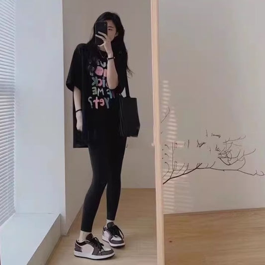 セットアップ レディース Ｔシャツ レギンスパンツ 上下セット 韓国 ファッション スリムパンツ プリントロゴ メッセージＴシャツ