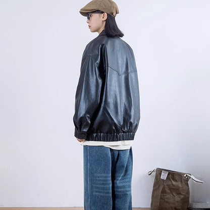 エコレザー ジャケット レディース 韓国 ファッション ロゴ オーバーサイズ フェイクレザーブルゾン ジップアップ