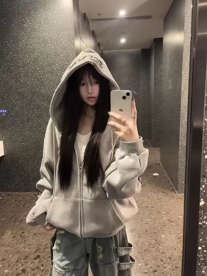 ワッフル ジップパーカー 韓国 ファッション レディース フードロゴ オーバーサイズ パーカー