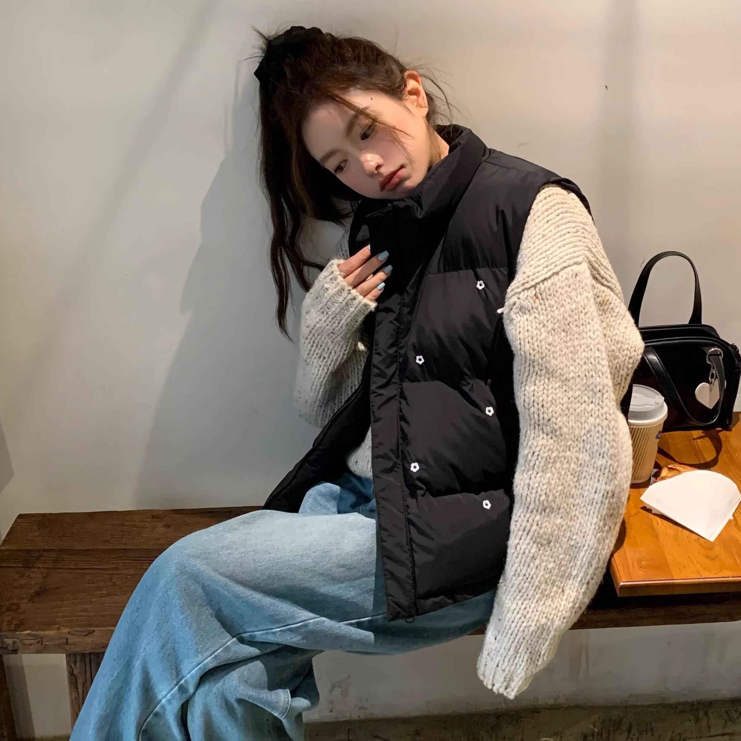 小花柄 エコダウンベスト レディース 韓国 ファッション 中綿 パデッド