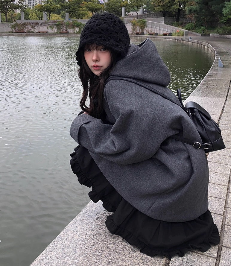レトロ フード ミドルコート シングルボタン 無地 フード付きウールコート レディース 2025冬 新作 ミドル丈