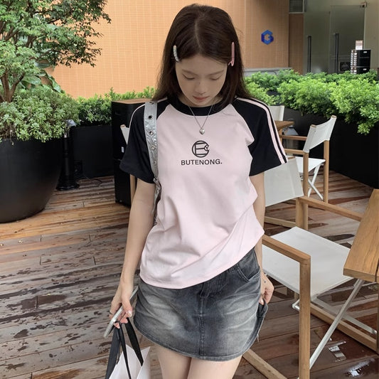 ライン Ｔシャツ レディース リンガー ラグラン T レディース 韓国 ファッション ロゴ T 夏 トップス