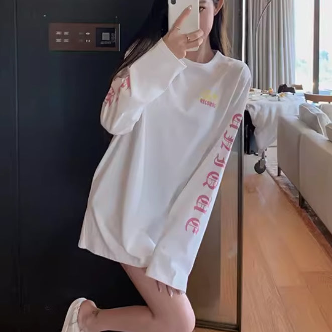 サブカル ロゴ プリント ロンT レディース 韓国 ファッション ストリート 袖ロゴ バックプリント オーバーサイズ ロングTシャツ