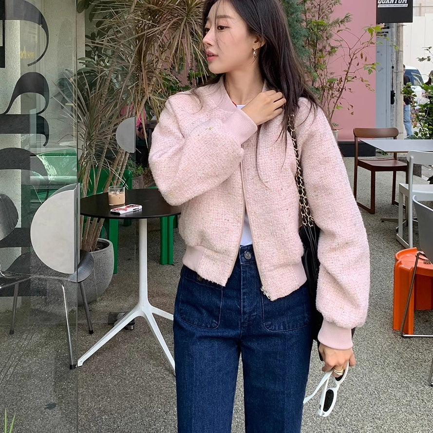 ツイード調 ノーカラージャケット 韓国 ファッション ミックスカラー ブルゾン 春 アウター