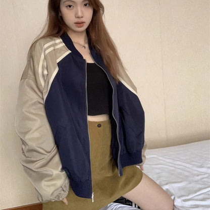 スタジャン ライン ナイロン ジャケット レディース 韓国 ファッション ジップアップ ナイロンブルゾン オーバーサイズ
