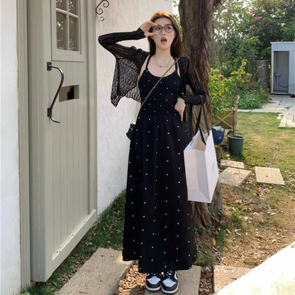 ドット キャミ ロングワンピース 韓国 ファッション バックホール 背中見せ Aラインフレア サマーワンピ 夏