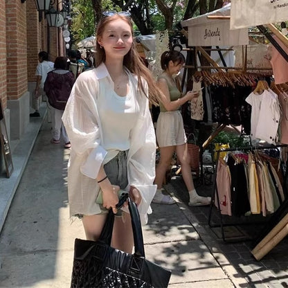 カバーアップ シャツ レディース 韓国 ファッション 夏  オーバーサイズ 薄手 長袖 白シャツ