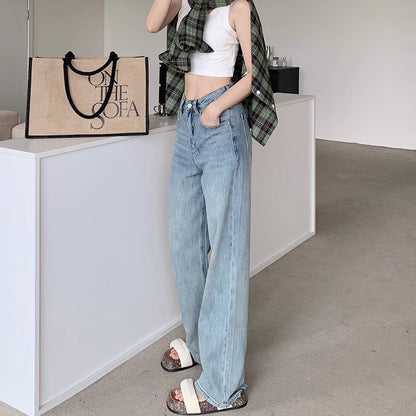 デニムパンツ レディース 韓国 ファッション ヘム クラッシュ ダメージ加工 ライトブルー ワイドシルエット