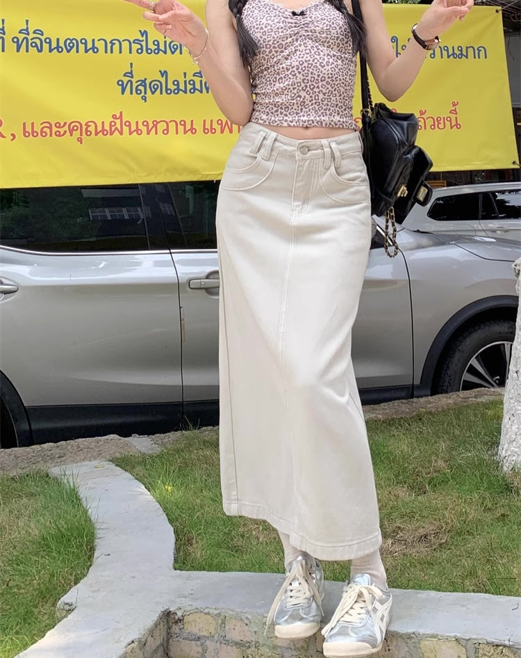 デニムスカート レディース 韓国 ファッション レトロ ホワイトデニム ナロー ロング スカート