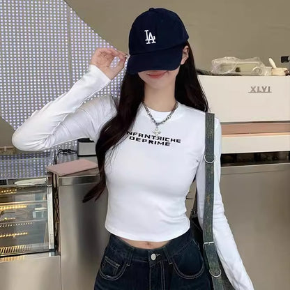 ロゴ タイト ロングＴシャツ レディース 韓国 ファッション カットソー ストレッチ ロンＴ ミニマム クロップド ショート丈 タイトシルエット