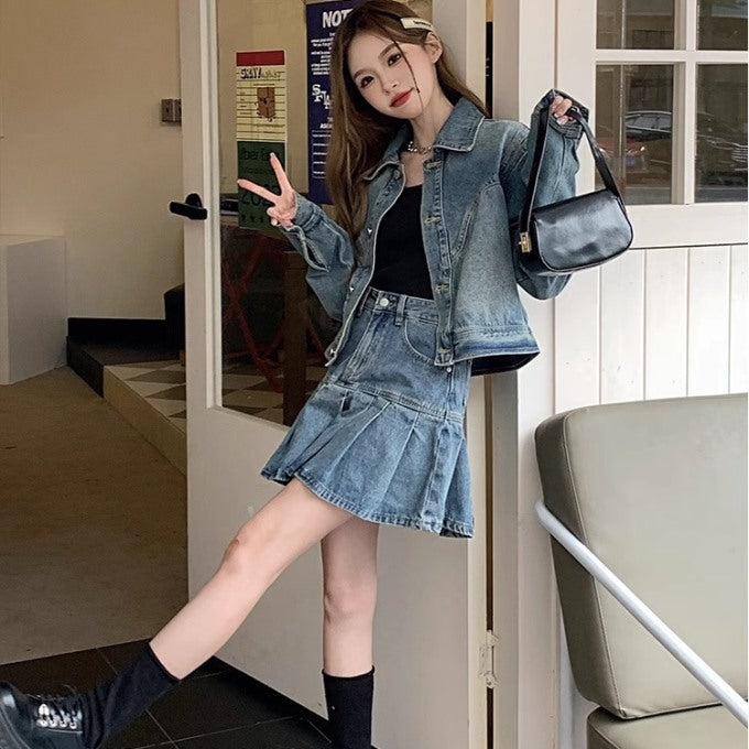 デニム セットアップ レディース 韓国 denim ミニプリーツスカート or