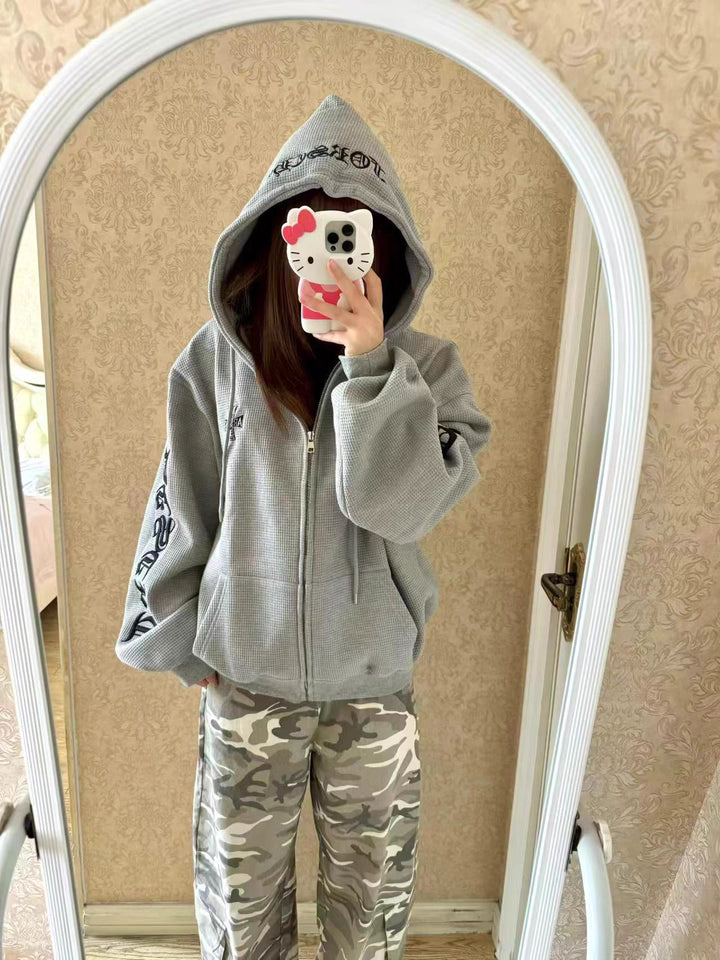 ワッフル ジップパーカー 韓国 ファッション レディース フードロゴ オーバーサイズ パーカー