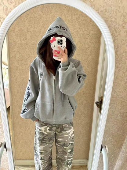 ワッフル ジップパーカー 韓国 ファッション レディース フードロゴ オーバーサイズ パーカー