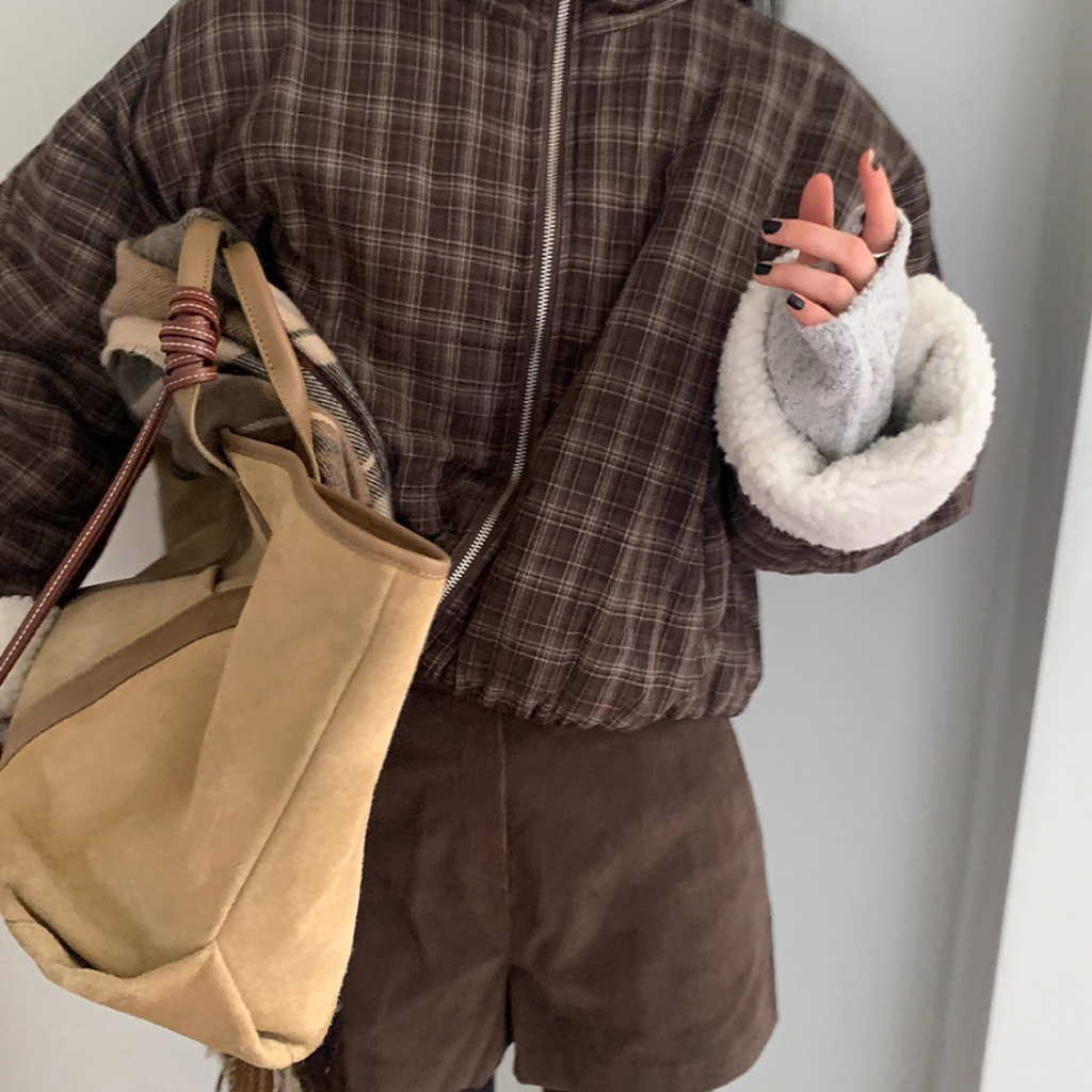 ボア ブルゾン レディース 韓国 ファッション ストライプ チェック 裏ボア オーバーサイズ スタンドネック ジャケット