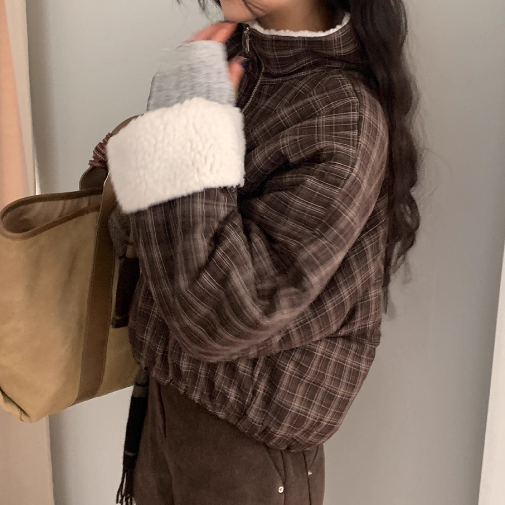 ボア ブルゾン レディース 韓国 ファッション ストライプ チェック 裏ボア オーバーサイズ スタンドネック ジャケット