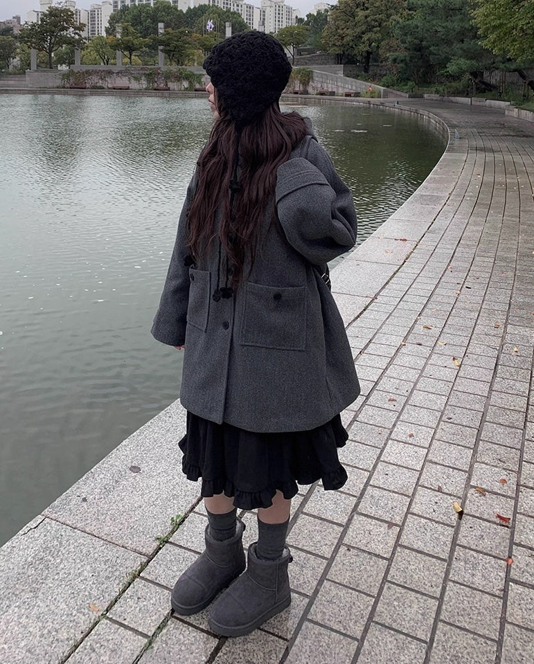 レトロ フード ミドルコート シングルボタン 無地 フード付きウールコート レディース 2025冬 新作 ミドル丈