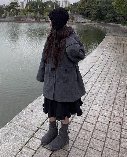 レトロ フード ミドルコート シングルボタン 無地 フード付きウールコート レディース 2025冬 新作 ミドル丈