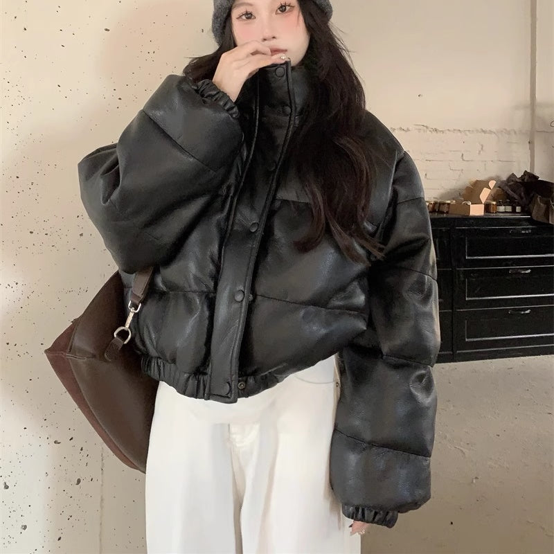 エコレザー 中綿 ジャケット レディース 韓国 ファッション ショート丈 
