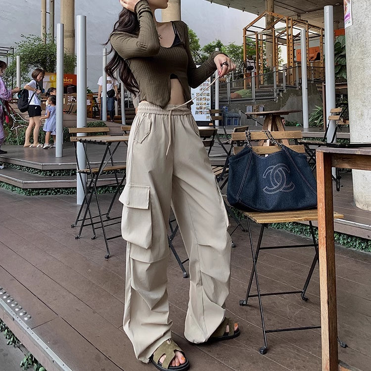 カーゴパンツ レディース 韓国 ファッション サイドポケット ゆったり ワイドパンツ ウエストゴム