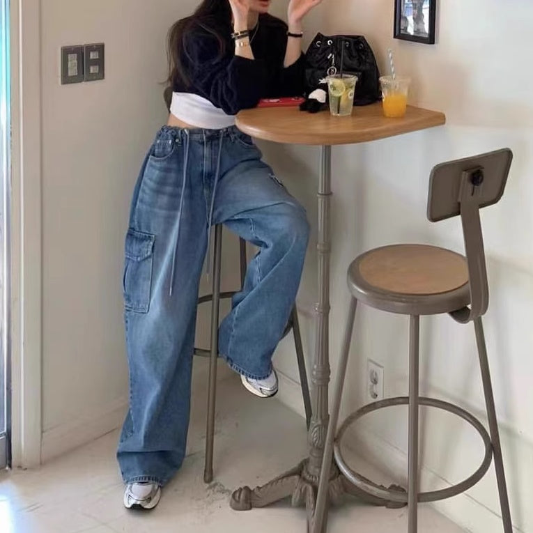 デニム カーゴパンツ レディース 韓国 ファッション サイドポケット ジーンズ ゆったり ワイドパンツ