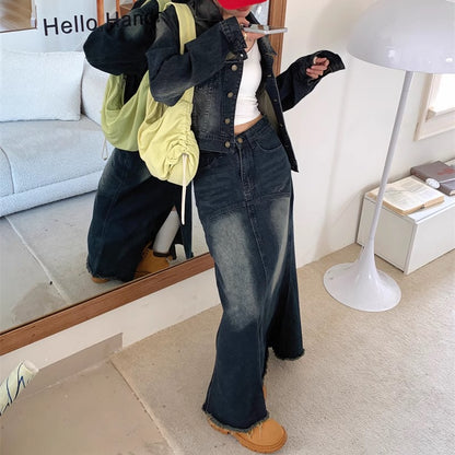 デニム セットアップ レディース 韓国 ファッション ロング メーメイドスカート デニムジャケット ダメージ加工 カットオフ バックスリット