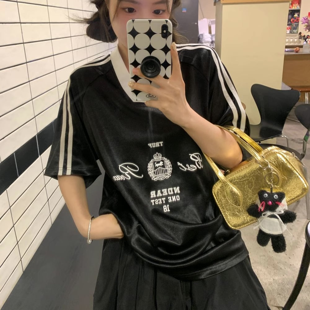 ユニフォーム Tシャツ レディース 韓国 ブロケットコア ファッション スポーティー プリント ロゴ ナイロンＴ サイドライン パイピング