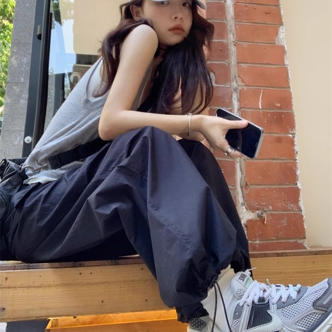 ナイロン パンツ レディース 韓国 ファッション ナイロン ジャージ ワイドパンツ 裾絞り シャカパン パラシュートパンツ
