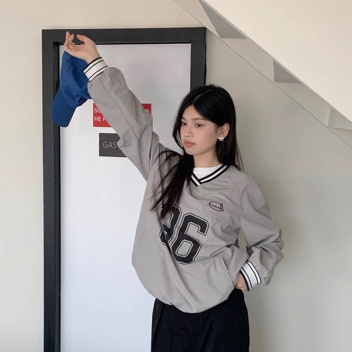 ナイロン トレーナー レディース Vネック ベースボールシャツ 韓国 ファッション シャカシャカ スポーティー プルオーバー