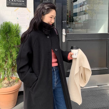 ロングコート レディース 韓国 ファッション 上品 清楚 ウール調 ブラックコート