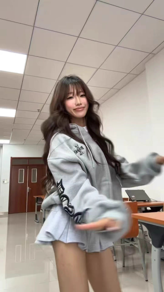 ワッフル ジップパーカー 韓国 ファッション レディース フードロゴ オーバーサイズ パーカー